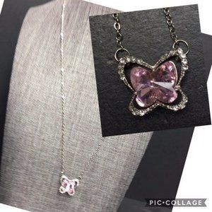 Abstract Butterfly Necklace Pink Rhinestone Silver Delicate Chain Glam Bling